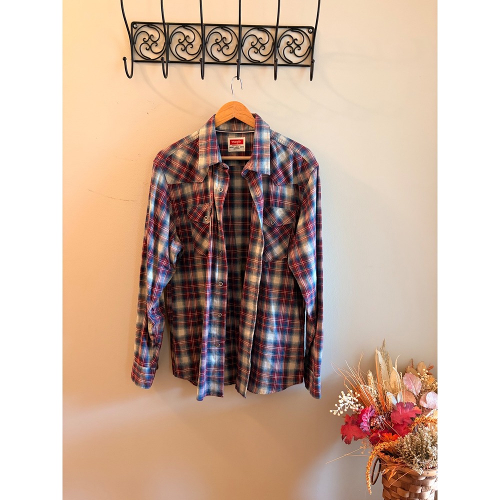Wrangler Mens Red Blue Plaid Western Long Sleeve Button Down Shirt Large